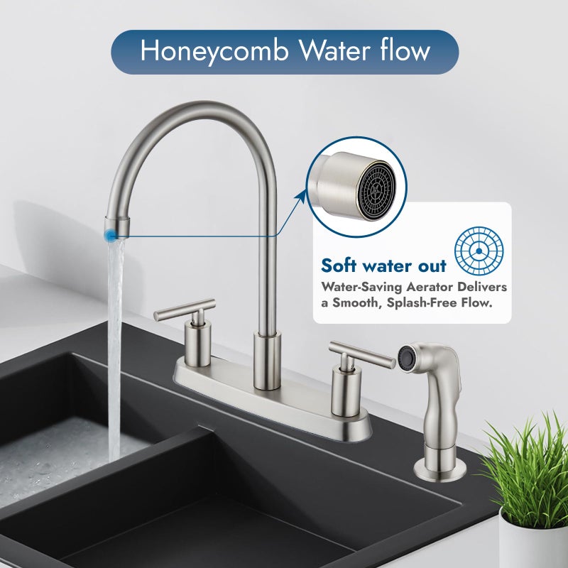 Cinwiny Kitchen Faucets, High Arc 360Â°Rotating Spout Kitchen Sink Faucet, 2 Handle 8 Inch Centerset RV Kitchen Faucet with Supply Lines, 3 or 4 Hole Kitchen Faucet with Side Sprayer, Brushed Nickel - Image 2