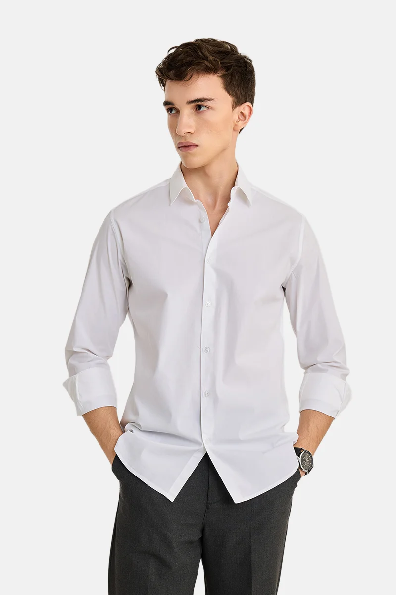 سنيتش White Solid Long Sleeve Slim Fit Casual Shirt
