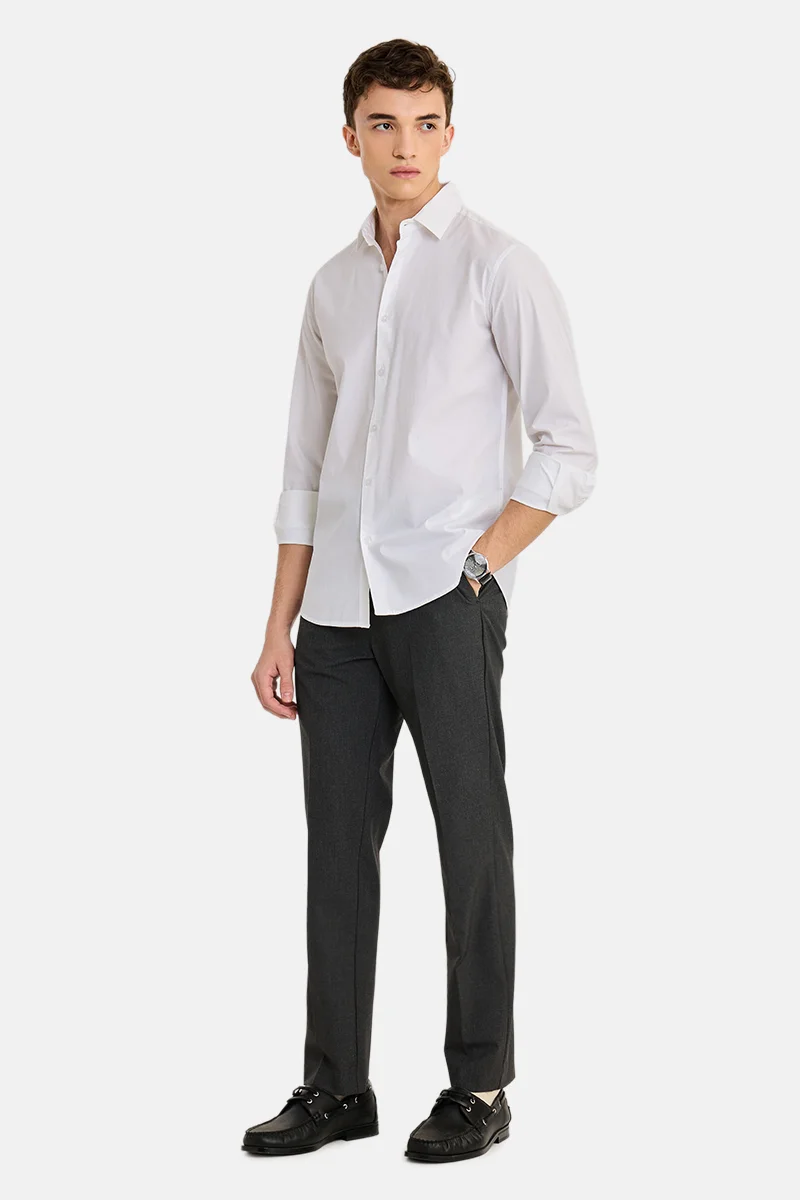 سنيتش White Solid Long Sleeve Slim Fit Casual Shirt