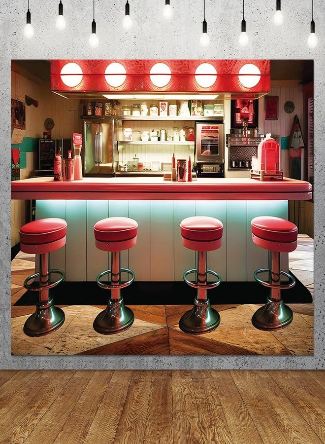Fanghui Vintage 50s Diner Photo Banner 7x5ft Classic 1950s Fast Food Soda Shop Restaurant Ice Cream Bar Photography Backdrop for Baby Shower 50s Diner Back to 50s Birthday Party Decor Supplies - Image 3