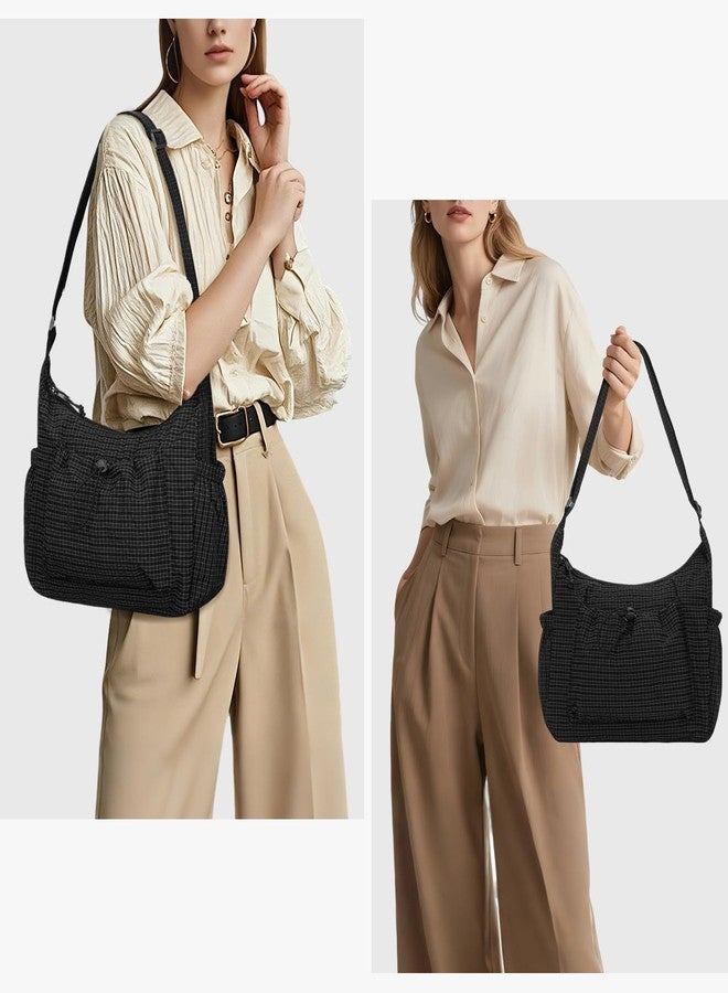 CATSEA Nylon Hobo Bag Plaid Crossbody Shoulder Bag Drawstring Messenger Purse Soft Zipper Handbag Adjustable Shoulder Straps - Image 2