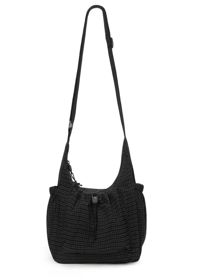 CATSEA Nylon Hobo Bag Plaid Crossbody Shoulder Bag Drawstring Messenger Purse Soft Zipper Handbag Adjustable Shoulder Straps - Image 1