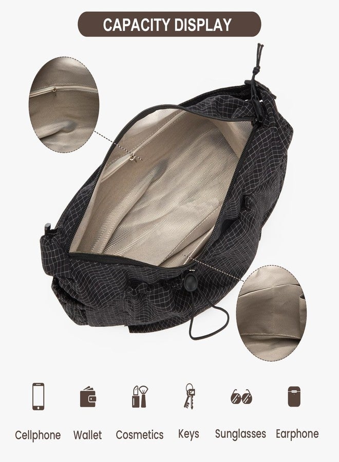 CATSEA Nylon Hobo Bag Plaid Crossbody Shoulder Bag Drawstring Messenger Purse Soft Zipper Handbag Adjustable Shoulder Straps - Image 5