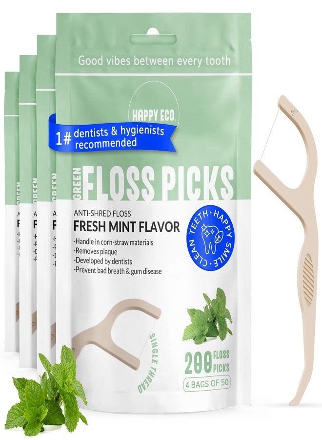 HAPPY ECO Dental Floss Picks (200pcs) - Flossers for Adults, Vegan Corn-Straw Handle, Superior Oral Care & Anti-Shred Thread, Dental Hygiene, Tooth Pick Sticks, Teeth & Gum Health (Mint, Single Thread) - Image 1