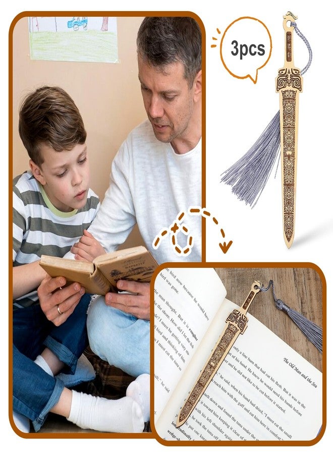 Nogeqi 3 Pcs Wooden Sword Bookmark,Cool Bookmarks with Tassel,Vintage Book Marks for Reading Men,Book Reading Accessories,Gift for Men Teacher and Student Office School Library Bookstore(Black Brown) - Image 3