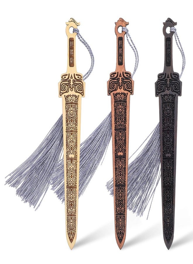 Nogeqi 3 Pcs Wooden Sword Bookmark,Cool Bookmarks with Tassel,Vintage Book Marks for Reading Men,Book Reading Accessories,Gift for Men Teacher and Student Office School Library Bookstore(Black Brown) - Image 1