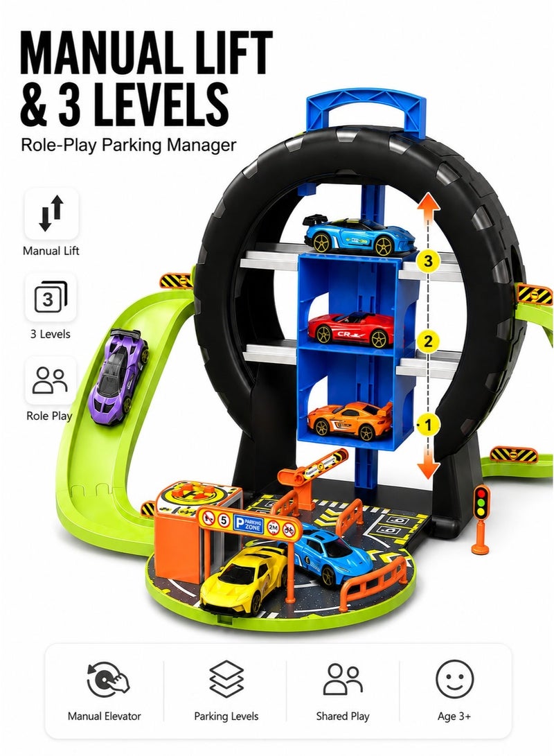 HUMJO Car Track Toy Set Tire-Shaped Parking Lot, Portable Storage Case Racing Track Playset with Manual Lift, Slide Turn Track,Parking Garage Toy for 1-2 Kids Age 3+ Indoor Outdoor - Image 5