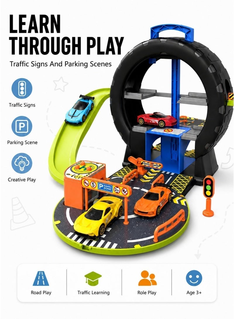 HUMJO Track Car Toy Set with Parking Lot, Tire-Shaped Storage Case Racing Track Playset with Manual Lift, Slide Turn Track,Portable car Toy for 1-2 Kids Age 3+ Indoor Outdoor Toys - Image 4