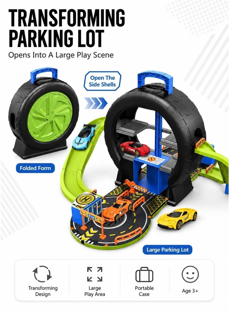 HUMJO Kids Car Track Toy Set with 4 Mini Cars, Portable Tire Storage Case Race Track, Interactive Parking Lot Toy Gift for Boys Girls 3 Years+ - Image 3