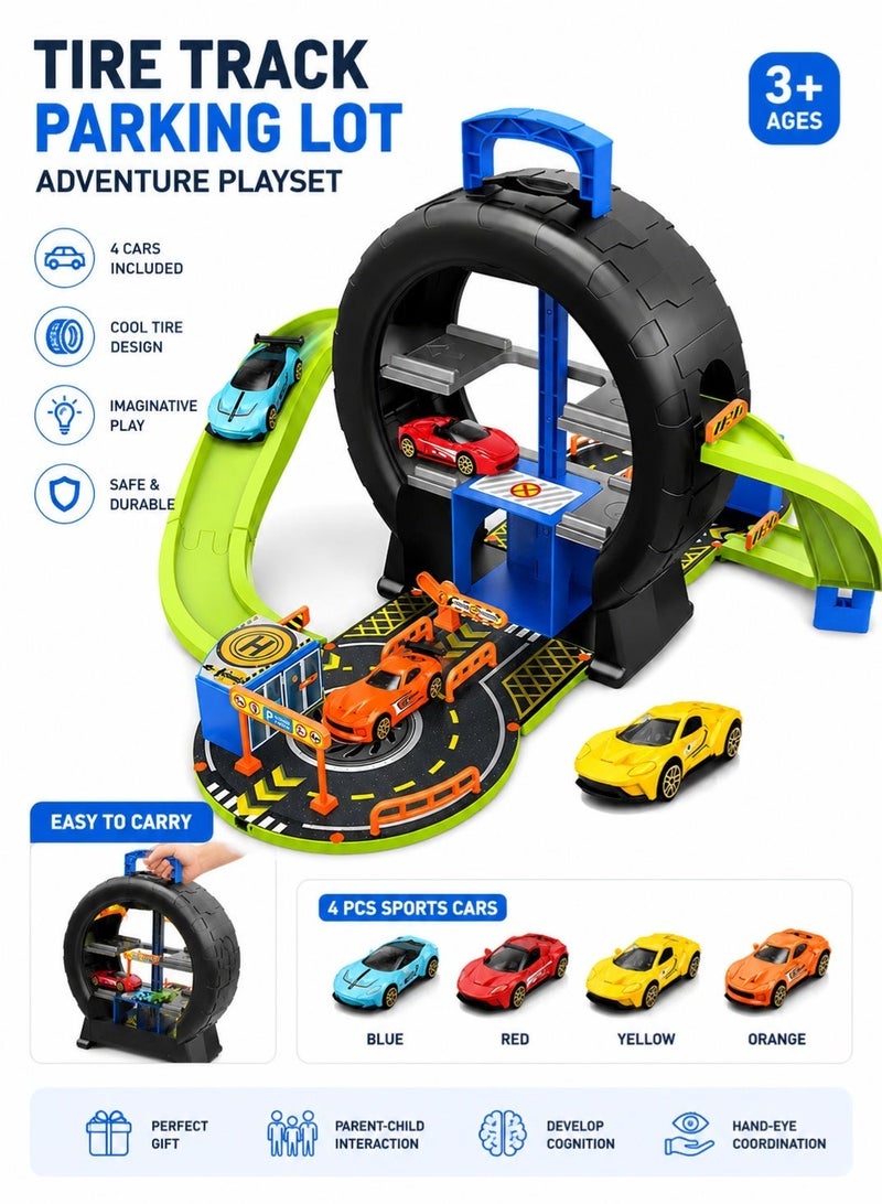 HUMJO Kids Car Track Toy Set with 4 Mini Cars, Portable Tire Storage Case Race Track, Interactive Parking Lot Toy Gift for Boys Girls 3 Years+ - Image 1