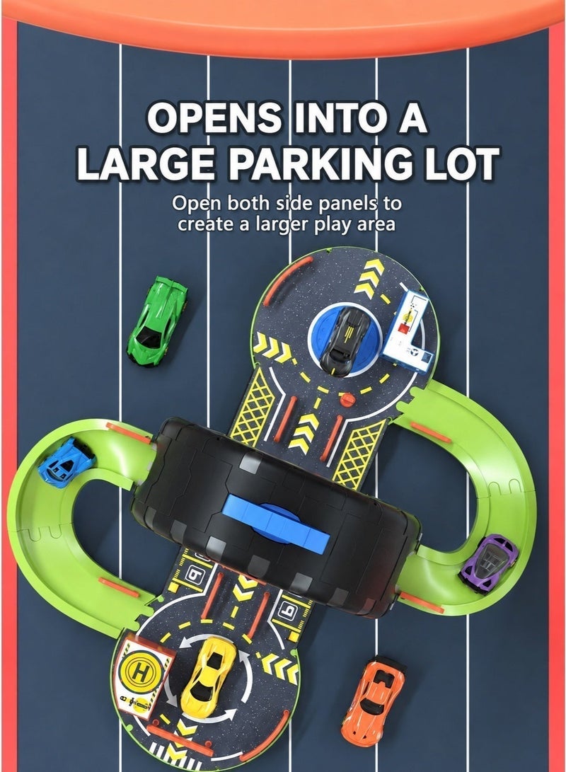 HUMJO Kids Car Track Toy Set with 4 Mini Cars, Portable Tire Storage Case Race Track, Interactive Parking Lot Toy Gift for Boys Girls 3 Years+ - Image 5