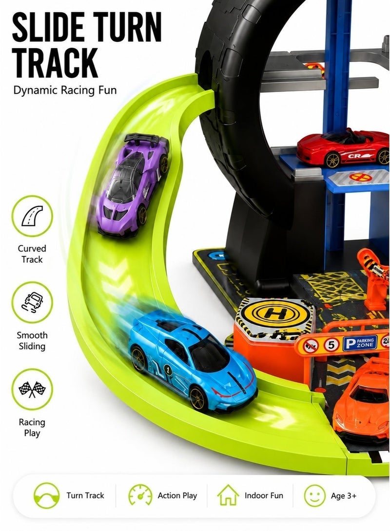 HUMJO Kids Car Track Toy Set with 4 Mini Cars, Portable Tire Storage Case Race Track, Interactive Parking Lot Toy Gift for Boys Girls 3 Years+ - Image 4