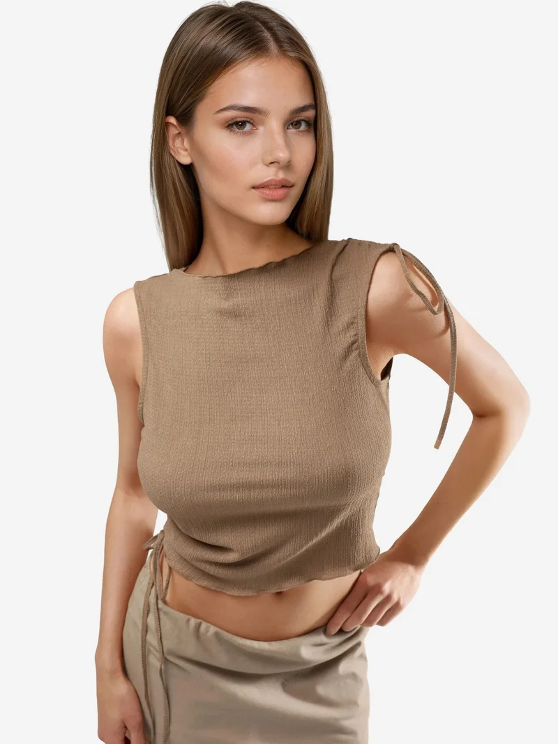 هيكاب Textured Boat Neck Crop Top with Drape Detail