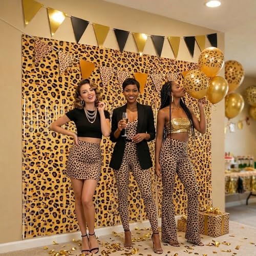 Vagilelf 2 Pack Cheetah Print Birthday Decorations, Leopard Party Decorations, Jungle Safari Bachelorette Foil Backdrop 3.3×6.6ft Thickened Fringe Curtains for Photo Booth & Party Entrance - Image 2
