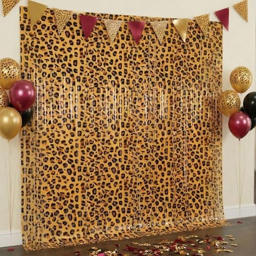 Vagilelf 2 Pack Cheetah Print Birthday Decorations, Leopard Party Decorations, Jungle Safari Bachelorette Foil Backdrop 3.3×6.6ft Thickened Fringe Curtains for Photo Booth & Party Entrance - Image 1