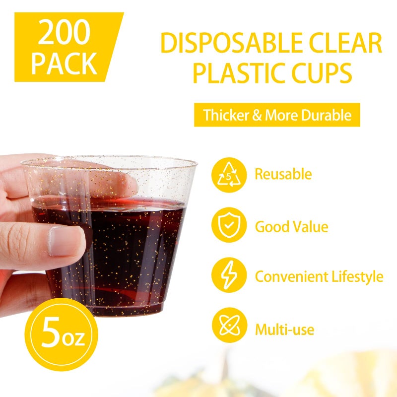 I00000 I00000 5oz 200 Pack Gold Glitter Plastic Cups  Glitter Disposable Small Plastic Cups  Plastic Clear Cups with Gold Glitter Shot Glasses  Plastic Small Tumbler Perfect for Wedding & Party - Image 1