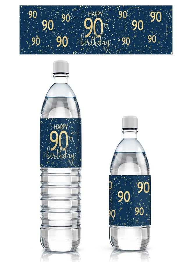 DISTINCTIVS Navy Blue and Gold 90th Birthday Water Bottle Labels - 20 Waterproof Stickers, 90th Birthday Party Decorations - Image 1
