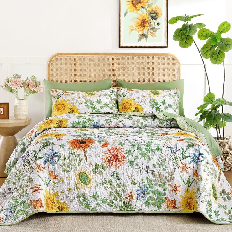 Yiran Floral King Quilt Bedding Set, Sage Green Sunflower Colorful Bedspreads, 3 Pieces Summer Soft Lightweight Coverlet with 2 Pillow Shams for All Season 106x90 Inch - Image 1