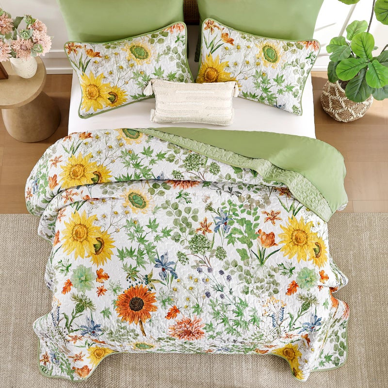 Yiran Floral King Quilt Bedding Set, Sage Green Sunflower Colorful Bedspreads, 3 Pieces Summer Soft Lightweight Coverlet with 2 Pillow Shams for All Season 106x90 Inch - Image 4