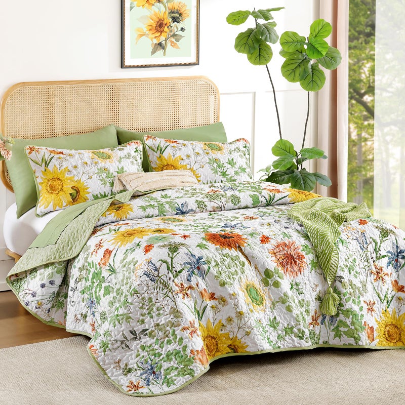 Yiran Floral King Quilt Bedding Set, Sage Green Sunflower Colorful Bedspreads, 3 Pieces Summer Soft Lightweight Coverlet with 2 Pillow Shams for All Season 106x90 Inch - Image 2