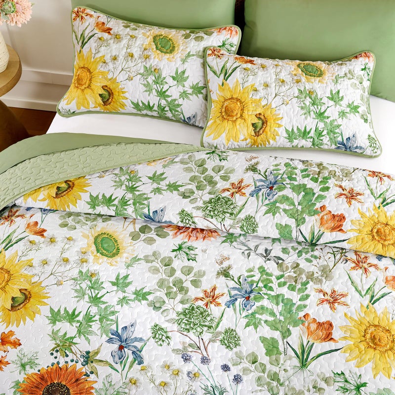 Yiran Floral King Quilt Bedding Set, Sage Green Sunflower Colorful Bedspreads, 3 Pieces Summer Soft Lightweight Coverlet with 2 Pillow Shams for All Season 106x90 Inch - Image 3