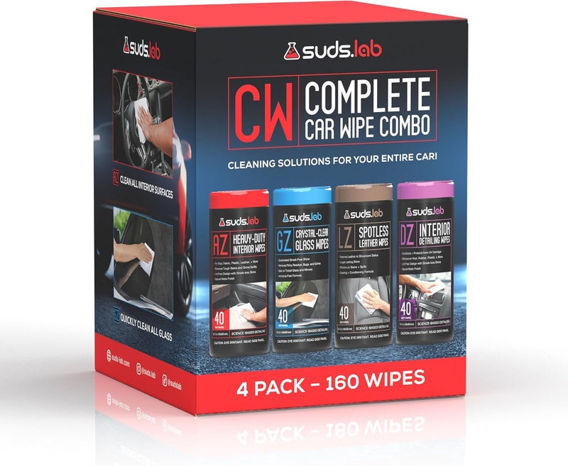 suds.lab حزمة تنظيف داخلية للسيارات من Suds Lab – تحتوي على 4 مناديل متعددة الاستخدامات للتنظيف والحماية، منظف للجلد، ومنظف للزجاج، للعناية بالسيارات، بإجمالي 160 منديلًا. - Image 1