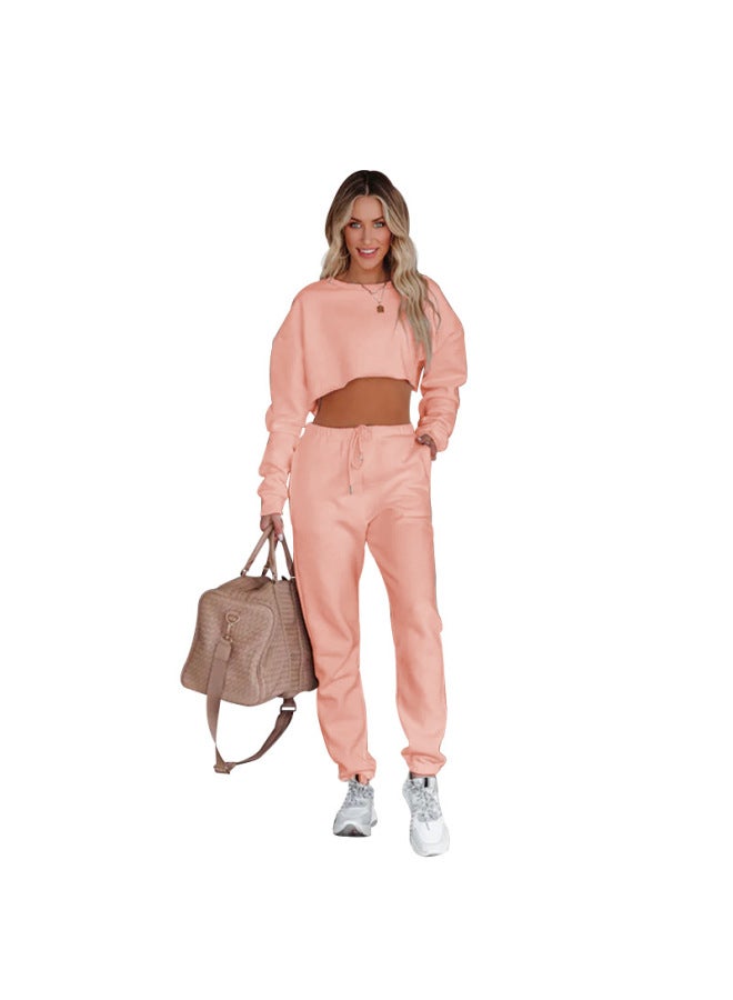 Autumn Winter New Solid Color Round Neck Pullover Crop Top Long Sleeve Hoodie Women's Fashion Casual Drawstring Long Pants Set - Image 3