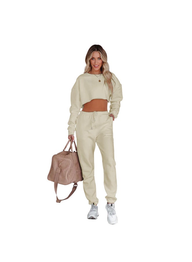 Autumn Winter New Solid Color Round Neck Pullover Crop Top Long Sleeve Hoodie Women's Fashion Casual Drawstring Long Pants Set - Image 2