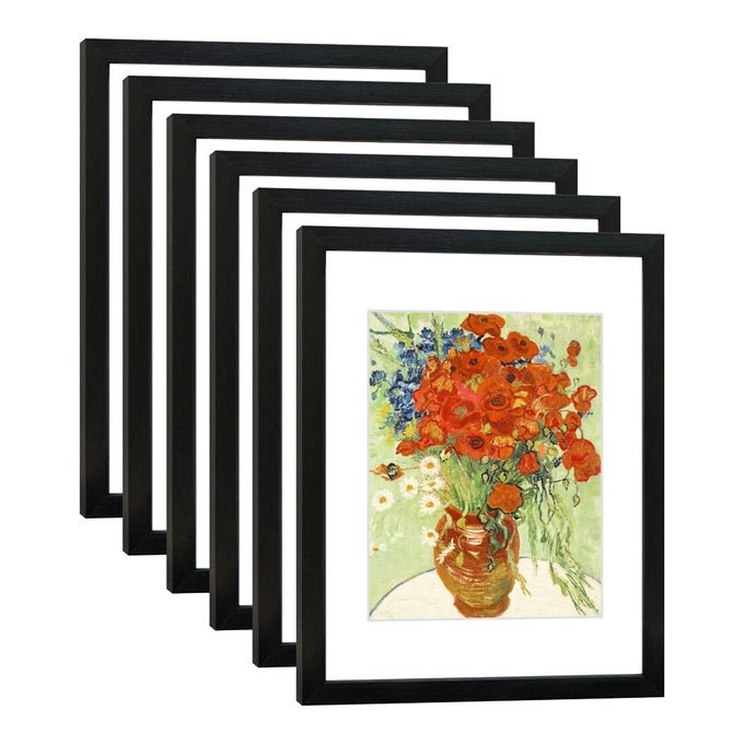 11X14 PICTURE FRAME SET OF 6 WITH REAL GLASS FOR PICTURES 8X10 WITH MAT OR 11X14 WITHOUT MAT WALL GALLERY OR TABLETOP DISPLAY PHOTO FRAMES IN BLACK