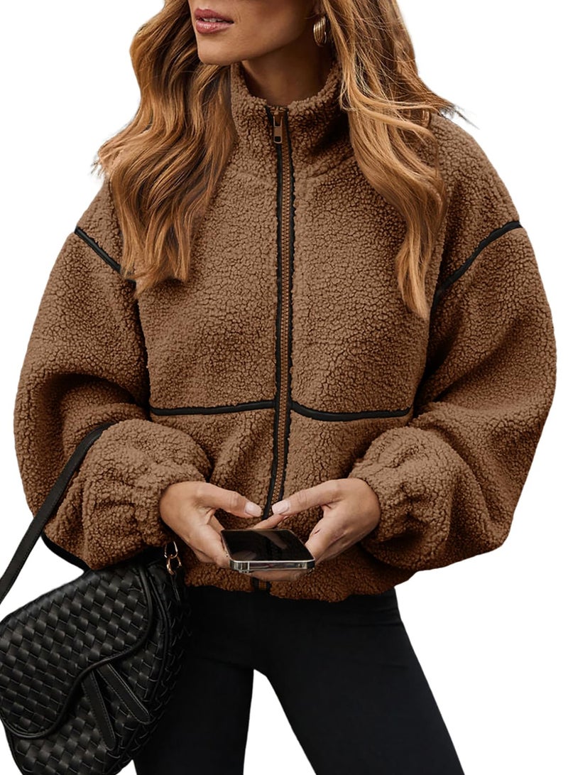 Dokotoo Winter Coats for Women Lapel Neck Zipper Sherpa Fleece Jacket Long Sleeve Fleece Coat with Pockets Warm Winter Oversized Outwear Brown Jackets Small - Image 1