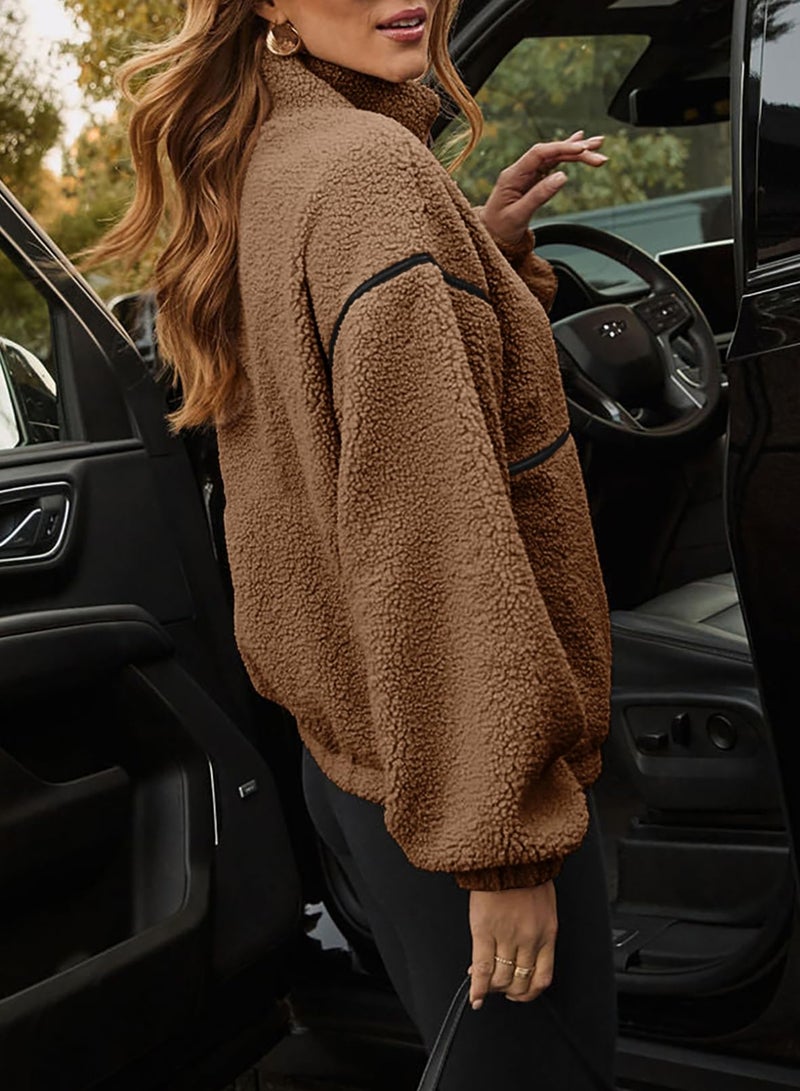 Dokotoo Winter Coats for Women Lapel Neck Zipper Sherpa Fleece Jacket Long Sleeve Fleece Coat with Pockets Warm Winter Oversized Outwear Brown Jackets Small - Image 3