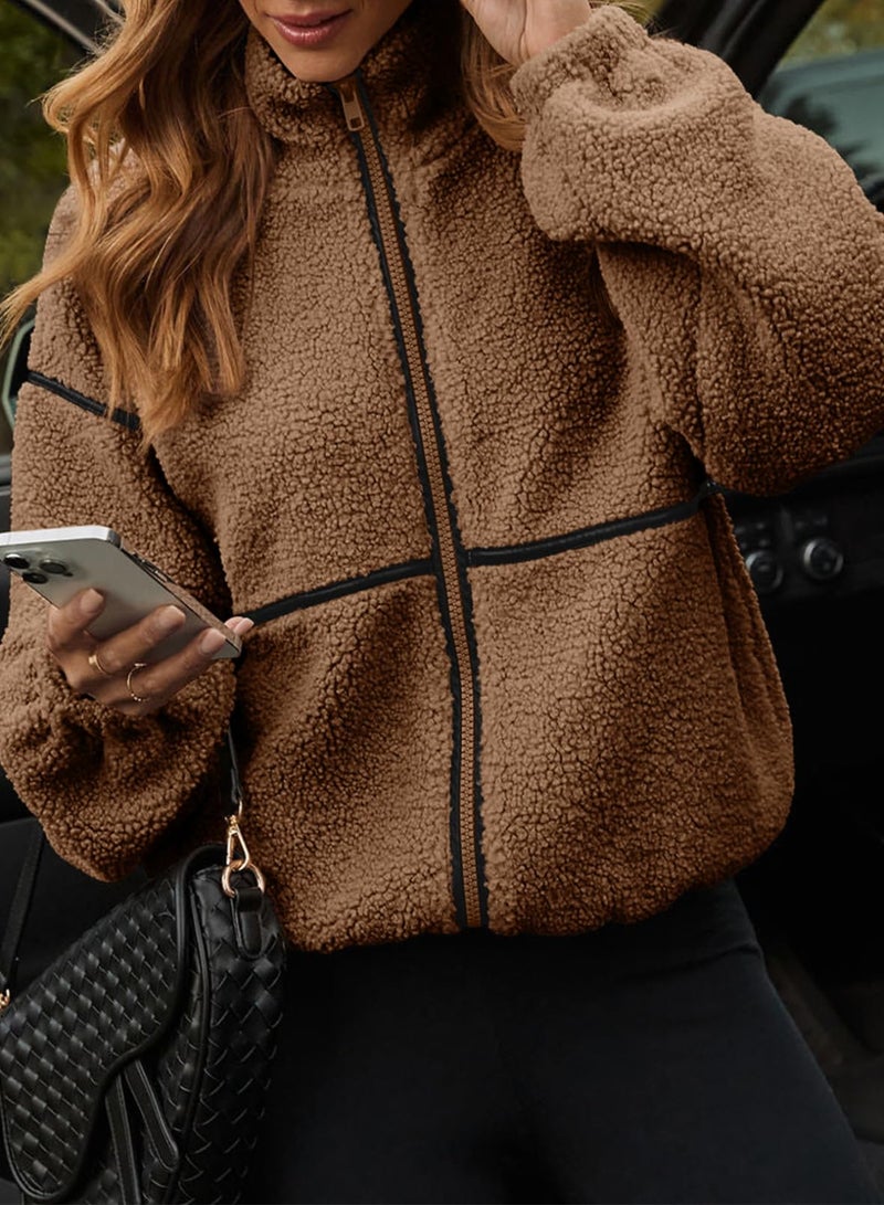 Dokotoo Winter Coats for Women Lapel Neck Zipper Sherpa Fleece Jacket Long Sleeve Fleece Coat with Pockets Warm Winter Oversized Outwear Brown Jackets Small - Image 5