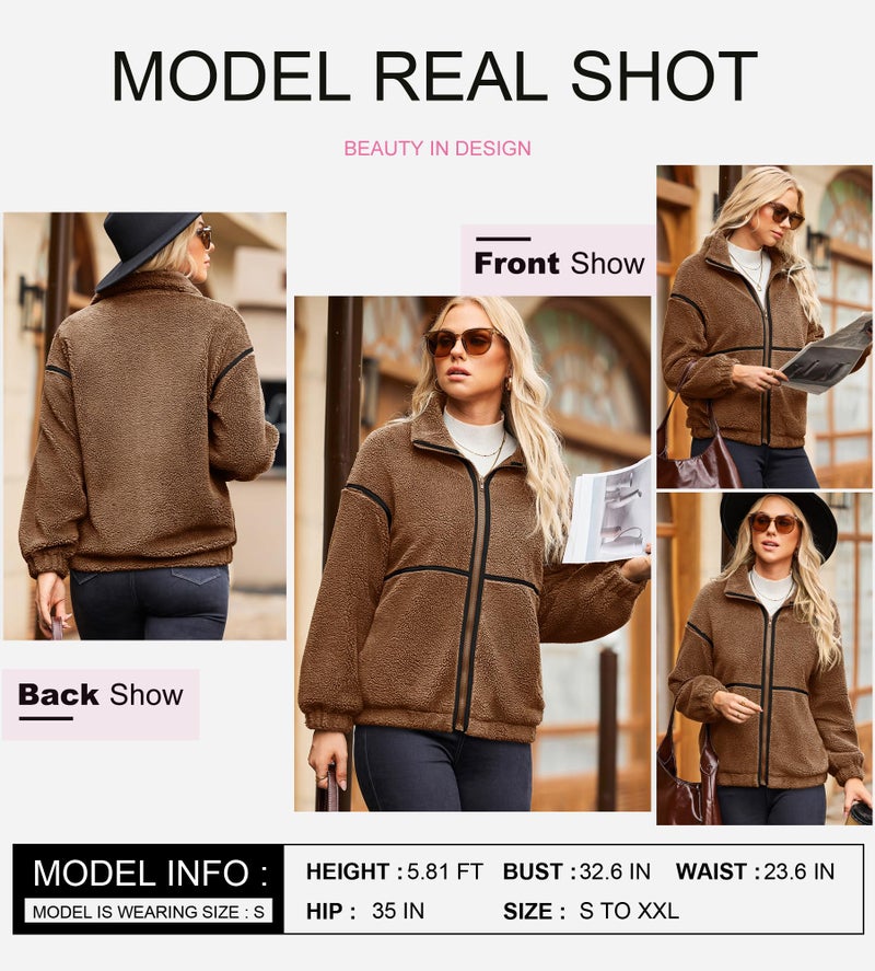 Dokotoo Winter Coats for Women Lapel Neck Zipper Sherpa Fleece Jacket Long Sleeve Fleece Coat with Pockets Warm Winter Oversized Outwear Brown Jackets Small - Image 4
