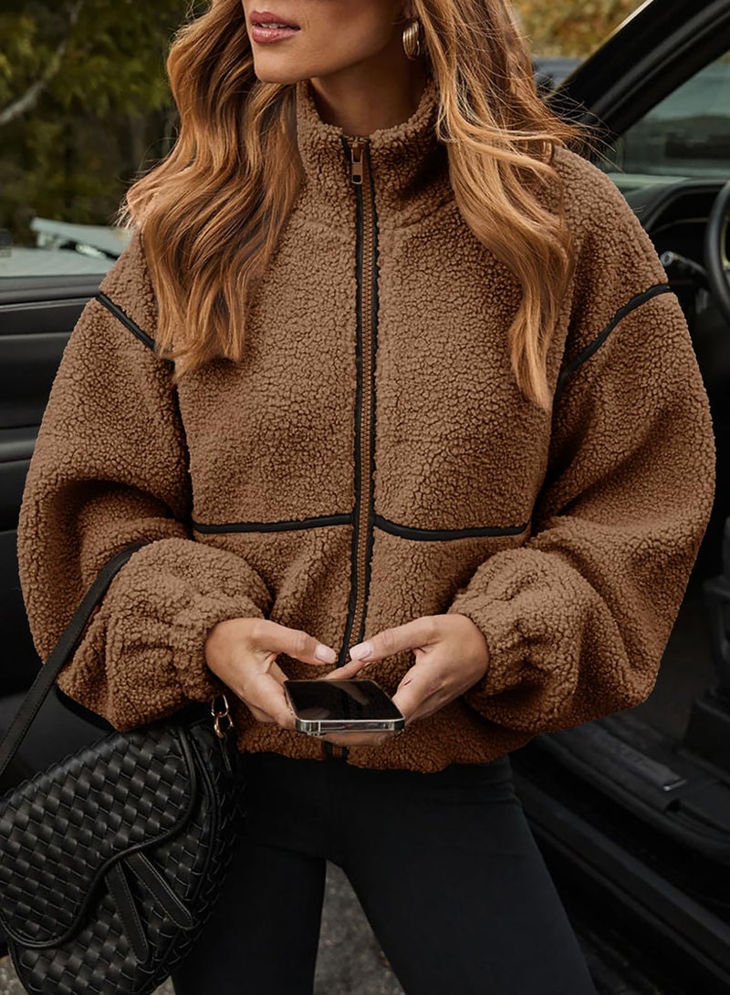 Dokotoo Winter Coats for Women Lapel Neck Zipper Sherpa Fleece Jacket Long Sleeve Fleece Coat with Pockets Warm Winter Oversized Outwear Brown Jackets Small - Image 2