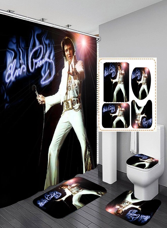 Frameless Bathroom 4 Pieces Elvis Shower Curtain Set, Toilet Lid Cover and Bath Mat, Non-Slip Rugs, Durable and Waterproof, Bathroom Decorations, 72" x 72" - Image 1