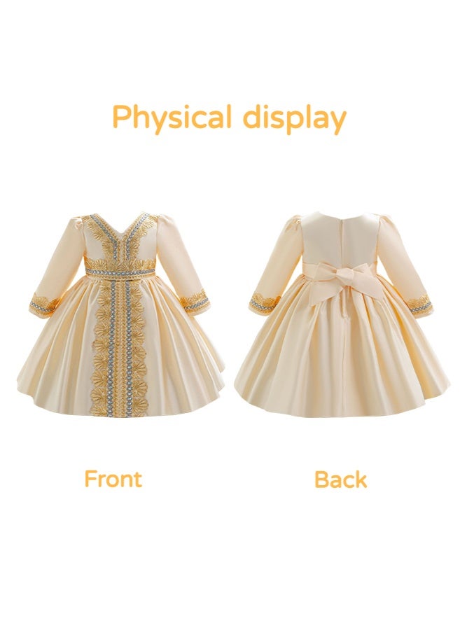 شبيلي فستان أميرة عربية للفتيات بياقة على شكل V وأكمام طويلة من القطن بتطريز ذهبي، بطانة ناعمة وتنورة دوّارة مريحة للبنات من عمر 1 إلى 5 سنوات، مناسب ليوم الثقافة وفعاليات المدرسة وأعياد الميلاد وهدايا عيد الفطر ورمضان - Image 3