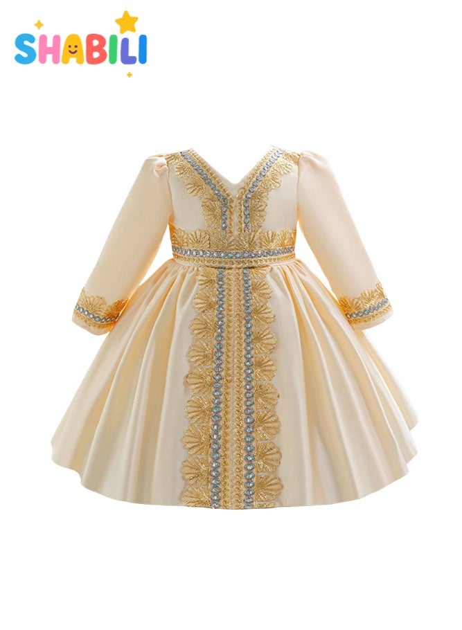 شبيلي فستان أميرة عربية للفتيات بياقة على شكل V وأكمام طويلة من القطن بتطريز ذهبي، بطانة ناعمة وتنورة دوّارة مريحة للبنات من عمر 1 إلى 5 سنوات، مناسب ليوم الثقافة وفعاليات المدرسة وأعياد الميلاد وهدايا عيد الفطر ورمضان - Image 1