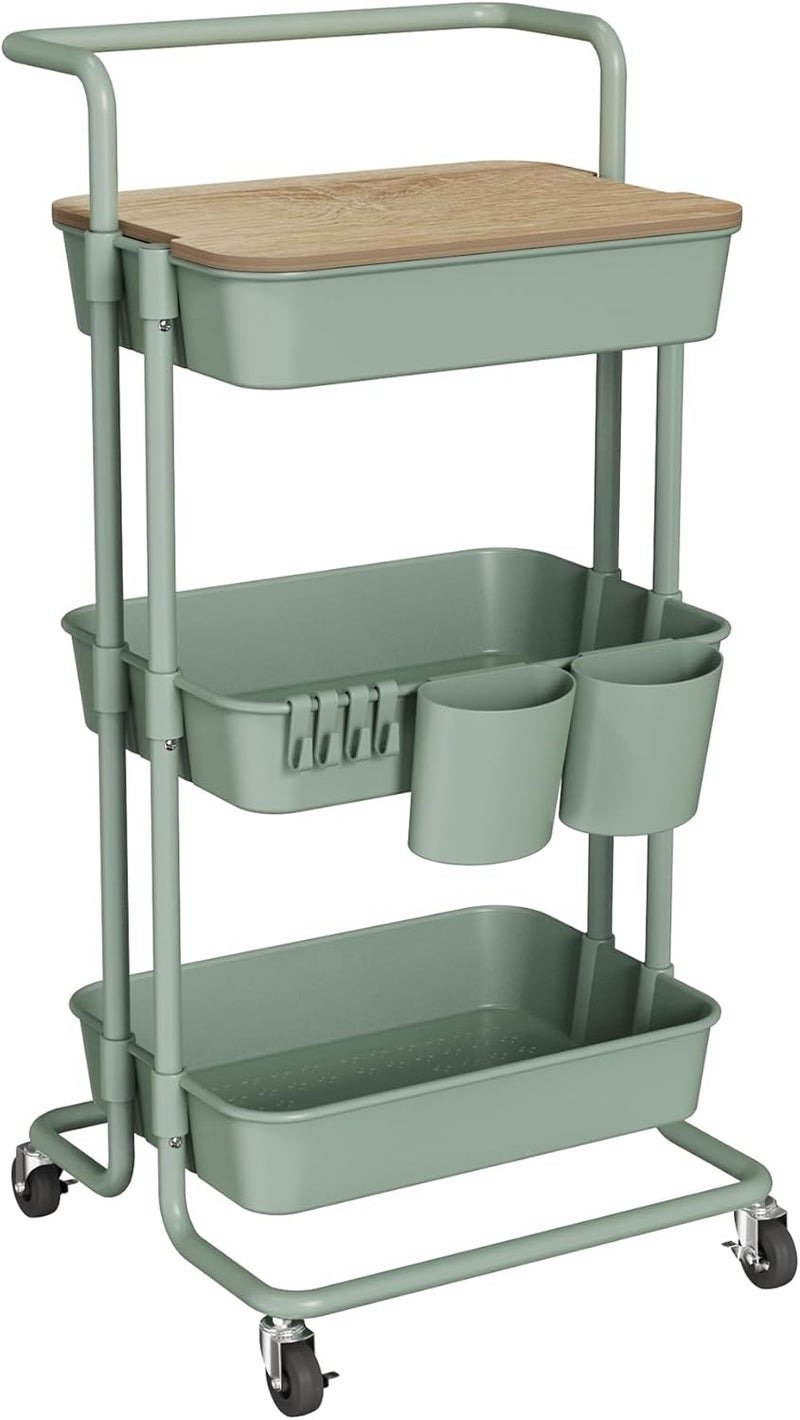 DTK 3 Tier Utility Rolling Cart with Cover Board, Rolling Storage Cart, H≤ & Locking Wheels Kitchen Cart with 2 Small Baskets & 4 Hooks for Bathroom Office Balcony Living Room(Turquoise) Large - Image 1