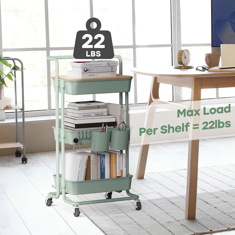 DTK 3 Tier Utility Rolling Cart with Cover Board, Rolling Storage Cart, H≤ & Locking Wheels Kitchen Cart with 2 Small Baskets & 4 Hooks for Bathroom Office Balcony Living Room(Turquoise) Large - Image 4