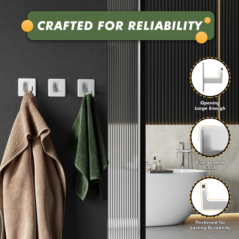 Auxmir Adhesive Hooks 15lb(Max) Towel Hooks, 5 Pack No Drilling Damage Free Wall Hooks, Thicken SUS304 Stainless Steel for Coat Robe, Waterproof Oilproof Rustproof for Bathroom Kitchen Office, Silver - Image 5