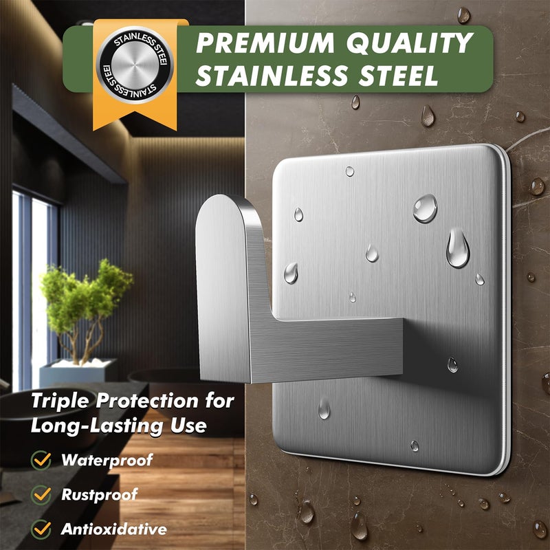 Auxmir Adhesive Hooks 15lb(Max) Towel Hooks, 5 Pack No Drilling Damage Free Wall Hooks, Thicken SUS304 Stainless Steel for Coat Robe, Waterproof Oilproof Rustproof for Bathroom Kitchen Office, Silver - Image 3