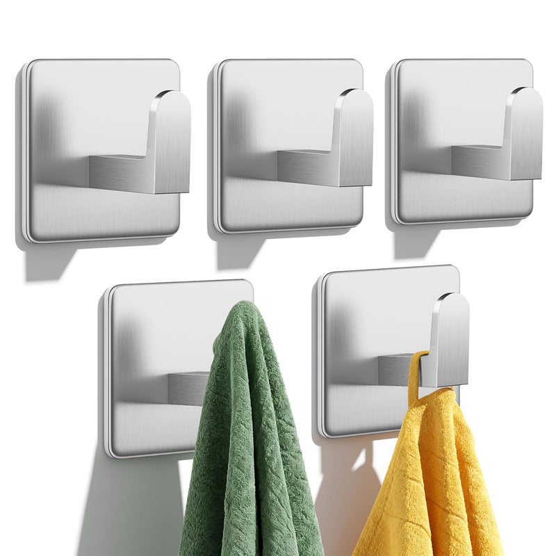 Auxmir Adhesive Hooks 15lb(Max) Towel Hooks, 5 Pack No Drilling Damage Free Wall Hooks, Thicken SUS304 Stainless Steel for Coat Robe, Waterproof Oilproof Rustproof for Bathroom Kitchen Office, Silver - Image 1