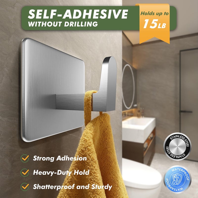 Auxmir Adhesive Hooks 15lb(Max) Towel Hooks, 5 Pack No Drilling Damage Free Wall Hooks, Thicken SUS304 Stainless Steel for Coat Robe, Waterproof Oilproof Rustproof for Bathroom Kitchen Office, Silver - Image 2