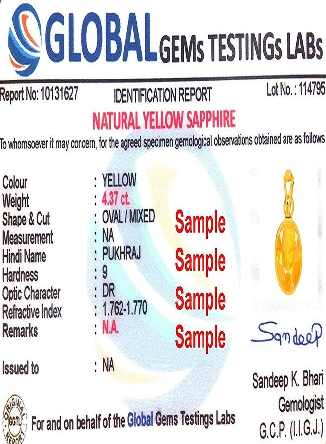 Akshita Gems Akshita الأحجار الكريمة الطبيعية المعتمدة 7.25 راتي 6.25 قيراط الياقوت الأصفر Pukhraj الأحجار الكريمة Panchadhatu قلادة المنجد للرجال والنساء - Image 2
