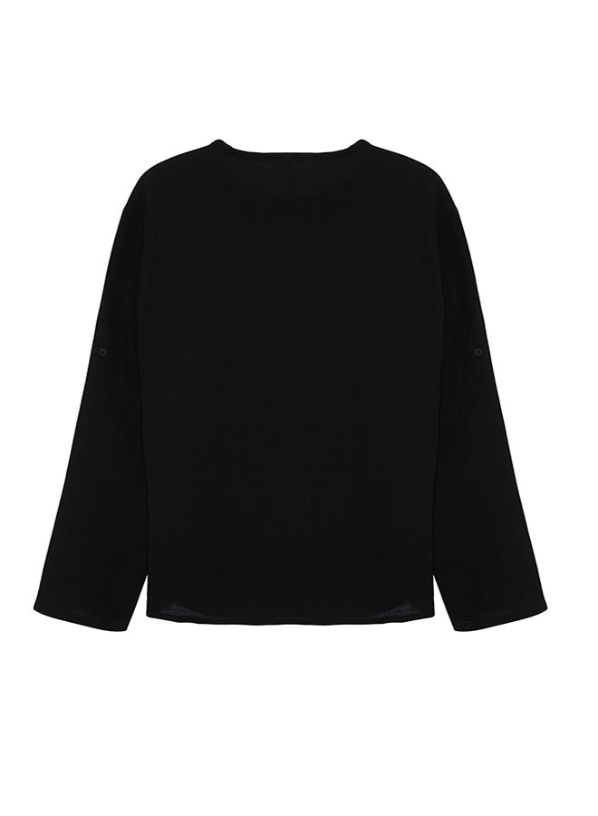 trendyol Black Regular Fit Crew Neck Muslin Shirt TMNSS24GO00069 - Image 3