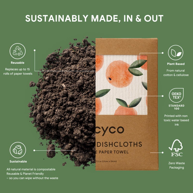 RECYCO Swedish Dishcloths for Kitchen | 5 Pack Peachy Leaves Washable Dish Rags | Cellulose Reusable Cleaning Paper Towels | Absorbent Counter Dish Cloth Sponge Kitchen Wipes, 8" L x 7" W - Image 3