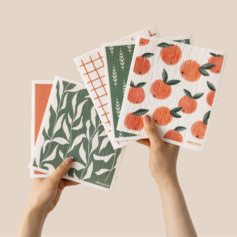 RECYCO Swedish Dishcloths for Kitchen | 5 Pack Peachy Leaves Washable Dish Rags | Cellulose Reusable Cleaning Paper Towels | Absorbent Counter Dish Cloth Sponge Kitchen Wipes, 8" L x 7" W - Image 1