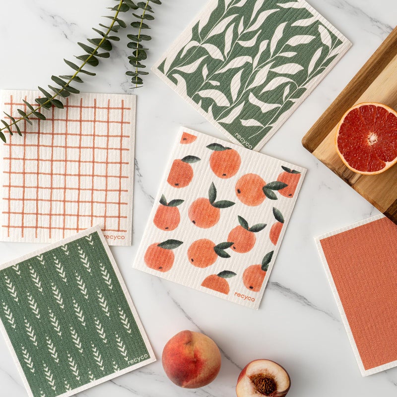 RECYCO Swedish Dishcloths for Kitchen | 5 Pack Peachy Leaves Washable Dish Rags | Cellulose Reusable Cleaning Paper Towels | Absorbent Counter Dish Cloth Sponge Kitchen Wipes, 8" L x 7" W - Image 2