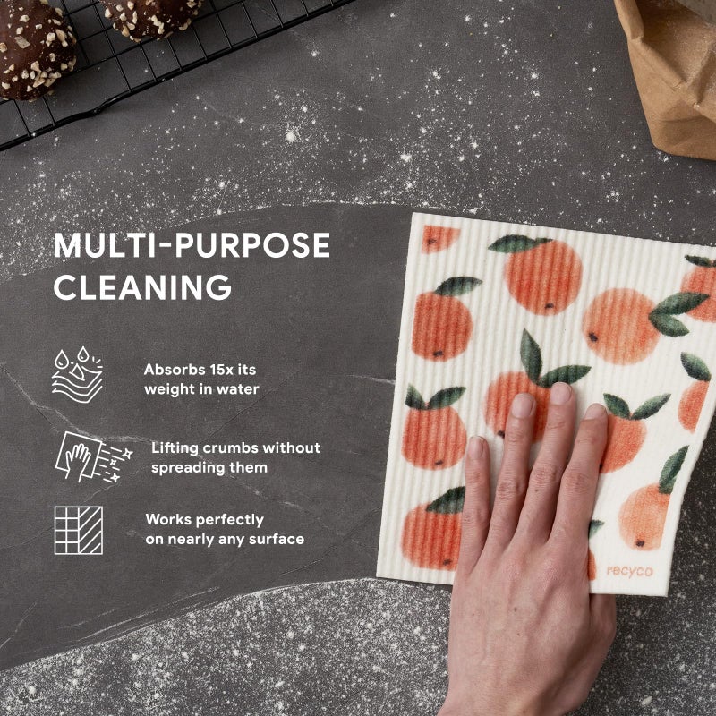 RECYCO Swedish Dishcloths for Kitchen | 5 Pack Peachy Leaves Washable Dish Rags | Cellulose Reusable Cleaning Paper Towels | Absorbent Counter Dish Cloth Sponge Kitchen Wipes, 8" L x 7" W - Image 4