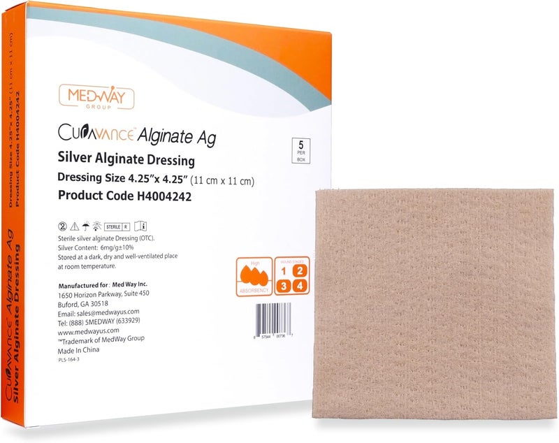 ضمادة ميدفانس ميدهيل فضية من الكالسيوم ألجينات معقمة عالية الامتصاص ومضادة للبكتيريا، (4.25" × 4.25") 5 ضمادات/علبة، 5 عدد (عبوة من 1)